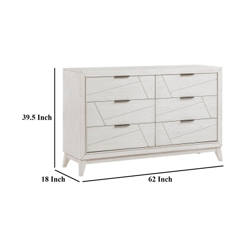 Zine 62 Inch Dresser, 6 Drawers, Antique White Wood, Black Handles - Benzara