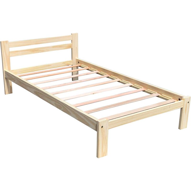 Unfinished Solid Pine Wood Platform Bed Frame with Slatted Headboard