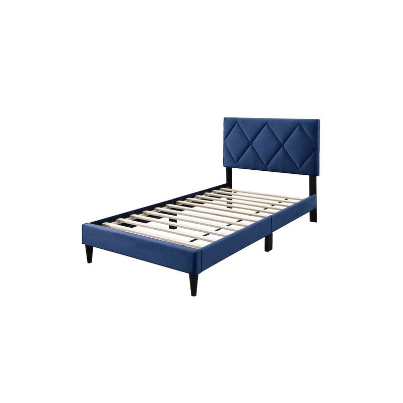 Poundex Adjustable Diamond Tufted Headboard Twin Bed Frame in Navy Blue Velvet