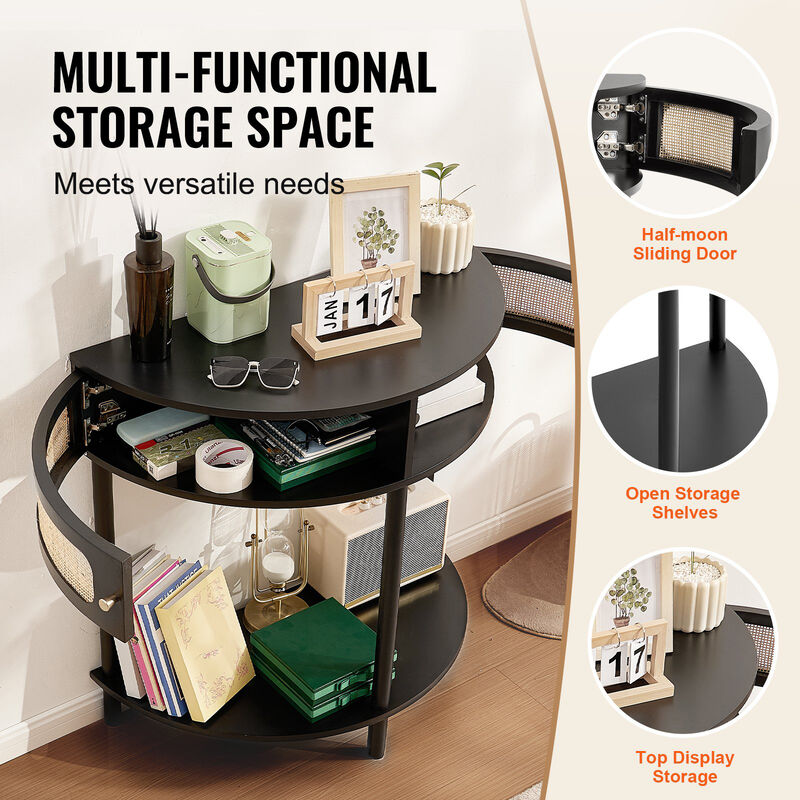 Half-Moon Rattan Console Table &ndash; Black Entryway Table with 2 Drawers & Sliding Door, Small Hallway or Living Room Storage Table