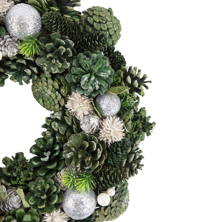Green Pinecone and Foliage Artificial Christmas Wreath  14-Inch  Unlit