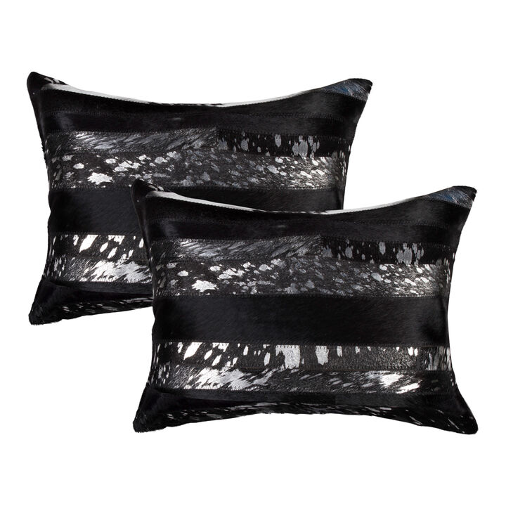 HomeRoots Set of Two 12" X 20" Black and Silver Striped Cowhide Lumbar Throw Pillows with Glitter