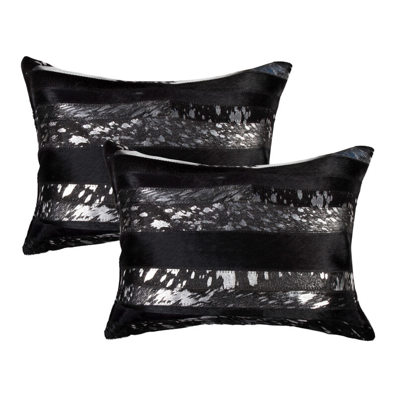 HomeRoots Set of Two 12" X 20" Black and Silver Striped Cowhide Lumbar Throw Pillows with Glitter image number 0