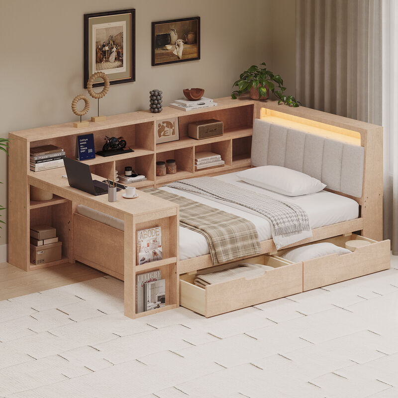 Merax L-shaped Wooden Daybed with Desk and Storage Bookcase