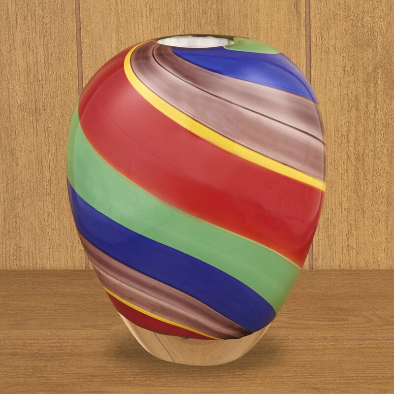 Hivvago 9 Inch Red Blue and Green Striped Round Glass Table Vase