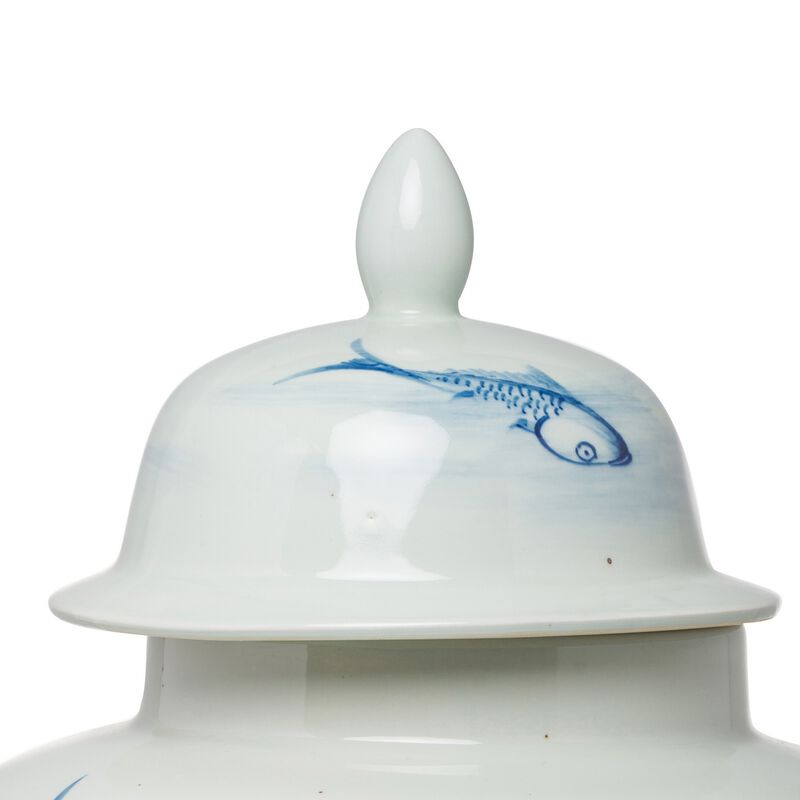 18 Inch Porcelain Ginger Jar, Artful Wispy Fish, Classic White and Blue - Benzara