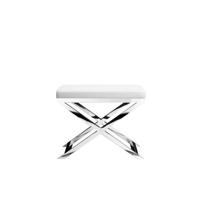 Sovi 20 Inch Accent Stool Ottoman, X Steel Legs, White Faux Leather - Benzara