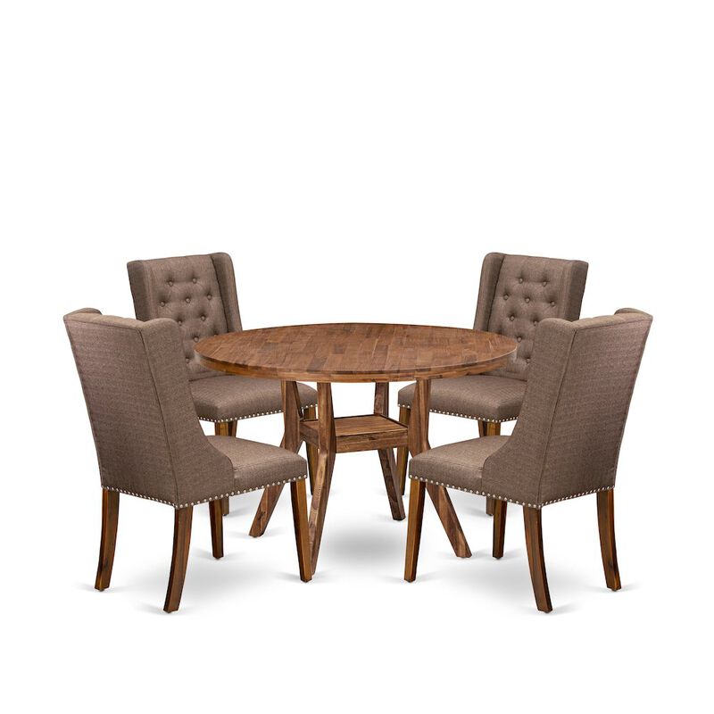5-Piece Dining Room Table Set A Table, 4 Brown Linen Fabric Upholstered Chairs
