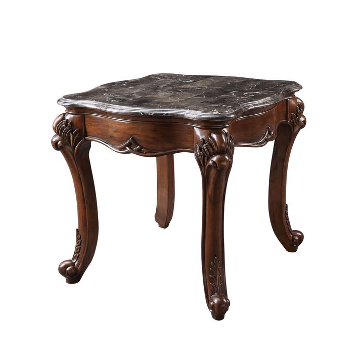 End Table with Marble Top and Carved Cabriole Legs, Brown-Benzara