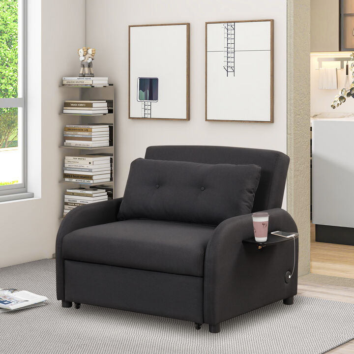 pull out sofa sleeper 3 in 1 with 2 wing table and usb charge for nap line fabric for living room recreation room Black
