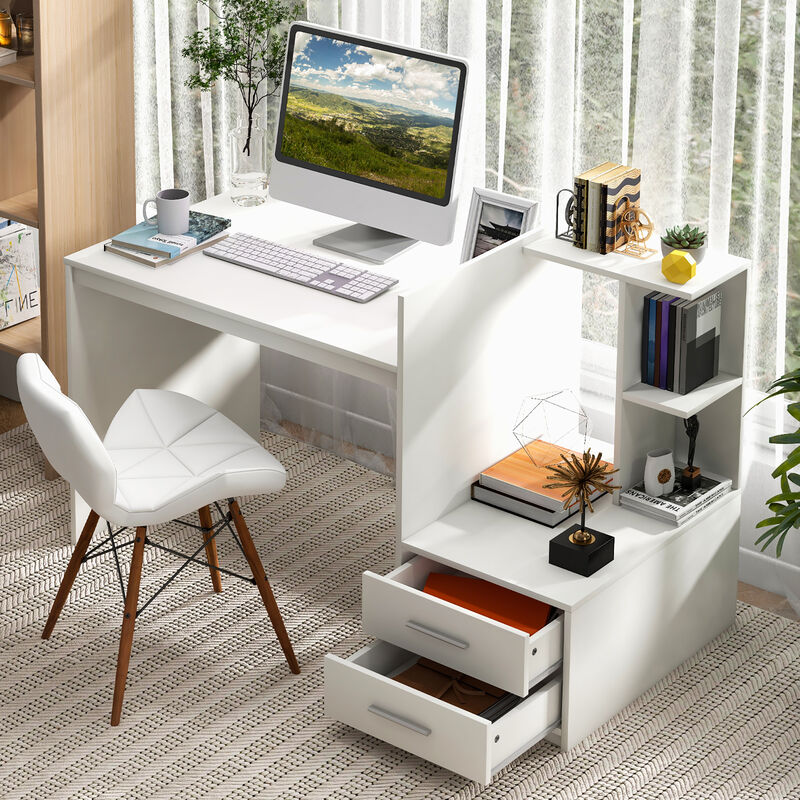 Costway Computer Desk Laptop Table Writing Study Desk Home Office with Bookshelf & Drawers