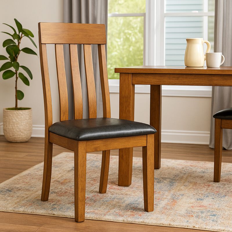 Raly Dining Side Chair Set of 2, Brown Faux Leather Seat, Slated Back - Benzara