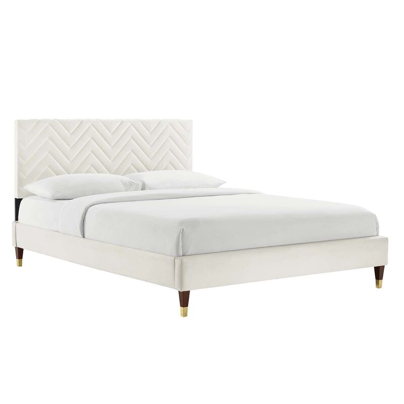 Modway MOD-6969-WHI Leah Chevron Tufted Performance Velvet Queen Platform Bed, White image number 0