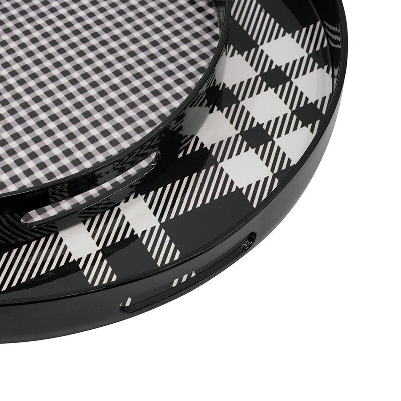 2 Piece Round Decorative Tray, Plastic Frame, Black and White Plaid Print - Benzara