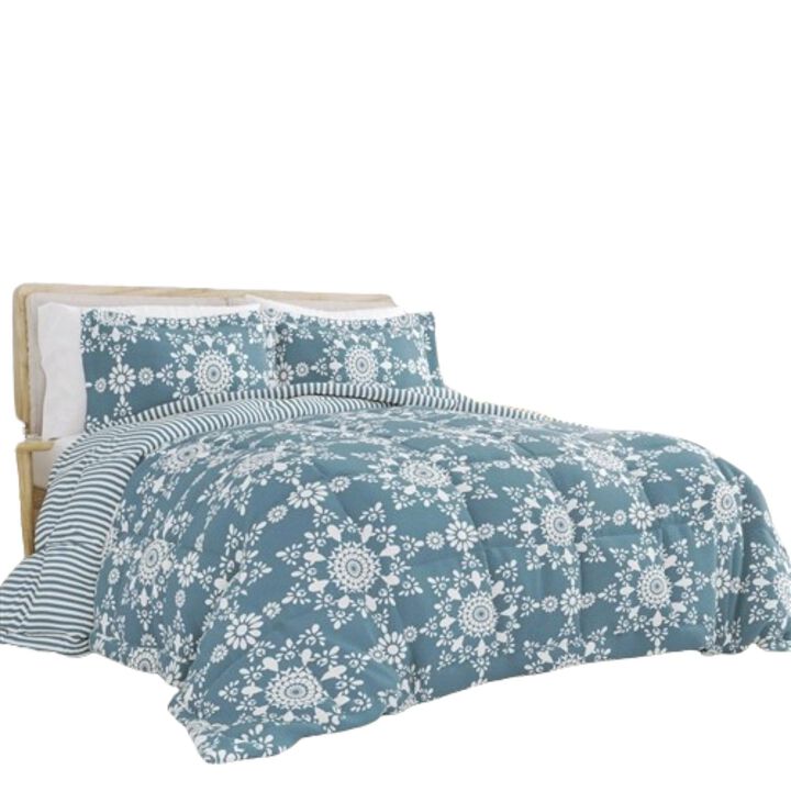 Hivvago King size 3 Piece Blue and White Reversible Floral Striped Comforter Set