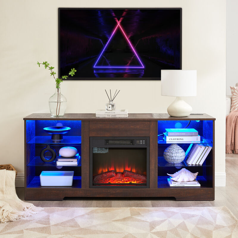 GOODSILO Modern Electric Fireplace TV Stand with Glass Shelves and LED Lighting for Home Entertainment Centers image number 3
