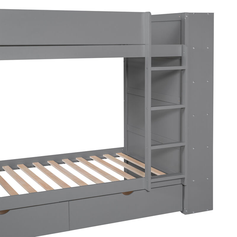 Whisen Twin over Twin Bunk Bed With 2 Drawers and Multi-layer Cabinet- Grey