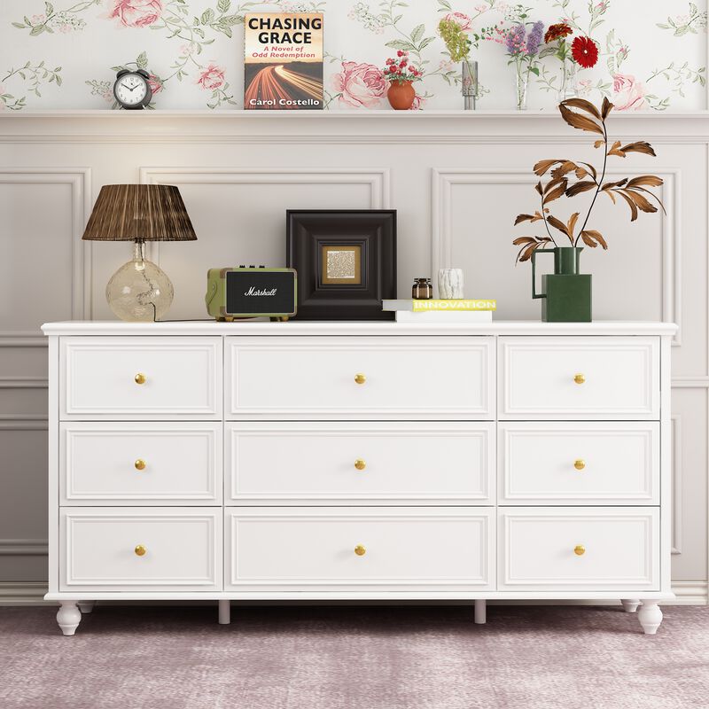 White Wooden Modern European Style Accent Storage Cabinet with 9-Drawer