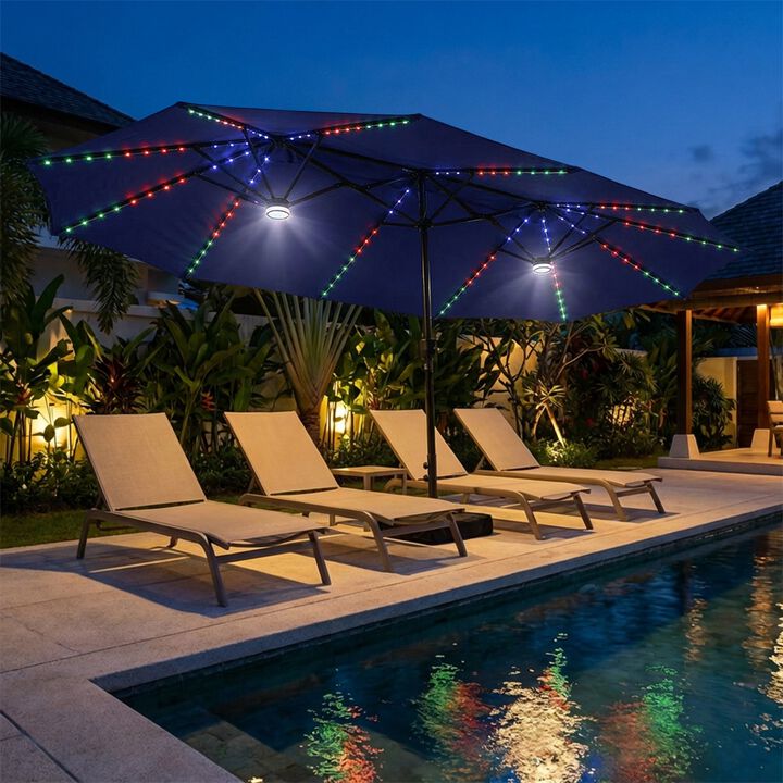 15FT Double-Sided Heavy Duty Solar RGB LED Patio Umbrella with Base, Dual Charging, Crank Handle