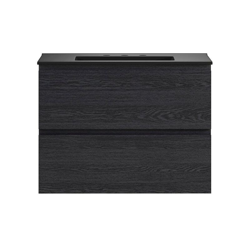 30" Wall-Mounted Bathroom Vanity in Black Oak, Black 3-Hole Widespread Sink Top image number 0
