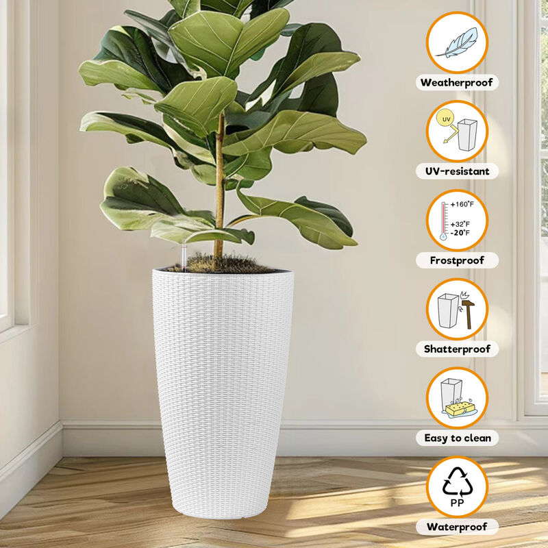 WOW PIONEER Set of 2 Faux Rattan Tall Planters for Indoor Outdoor Use with Automatic Watering System, Water Level Monitor, Inner Bucket for Garden Patio Porch Backyard image number 6