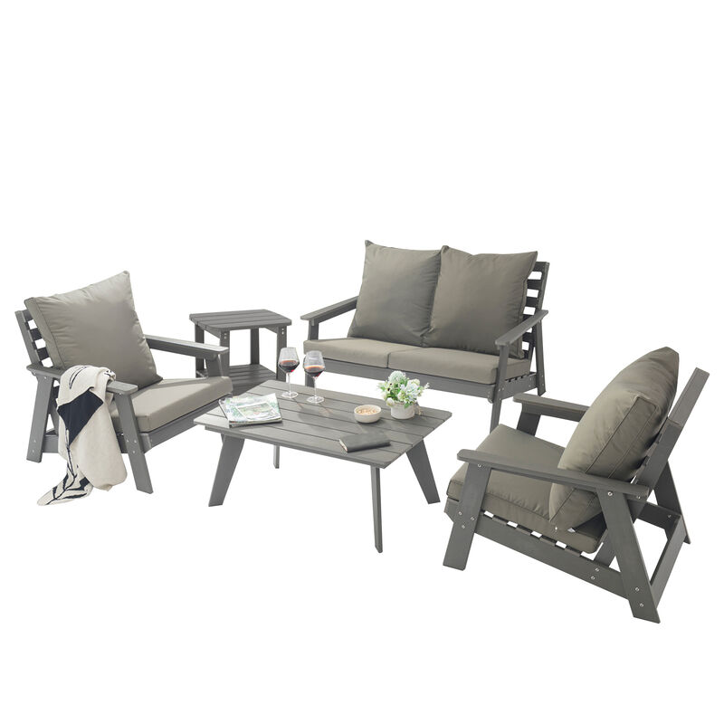 MONDAWE 5 Pieces Patio Conversation Set with Rectangular Coffee Table,Grey Cushions
