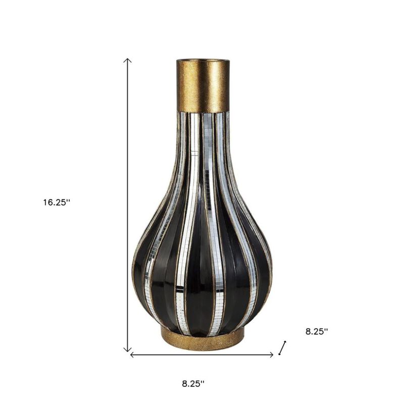 Hivvago 16 Inch Gold and Black Striped Bud Polyresin Table Vase