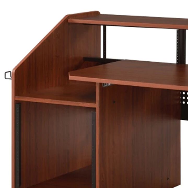 71 Inch Wood Music Desk Studio Workstation, 3 Shelves, Cherry Brown-Benzara