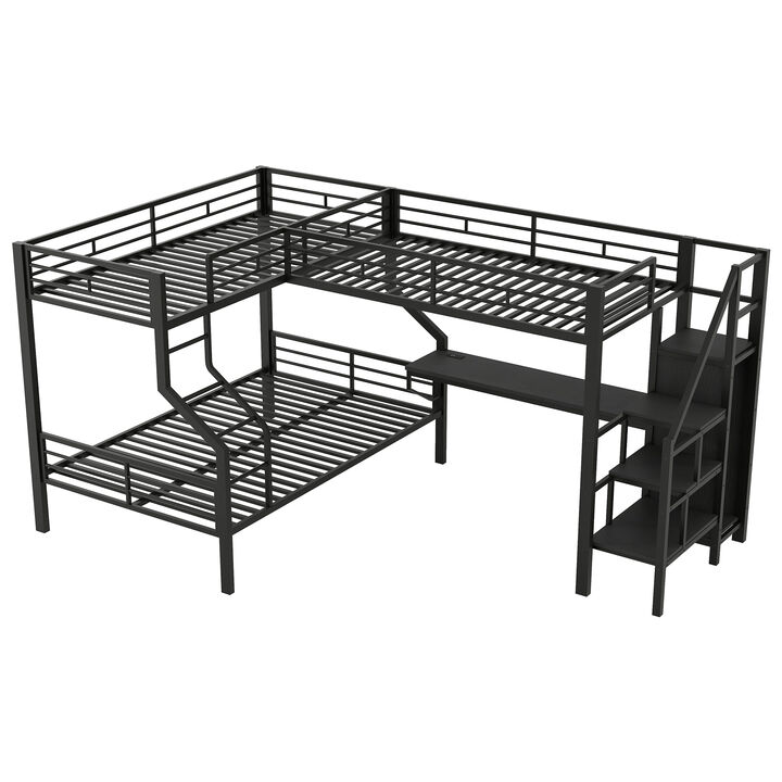 Merax L-Shaped Twin over Full Metal Bunk Bed with Built-in Wardrobe & USB Desk