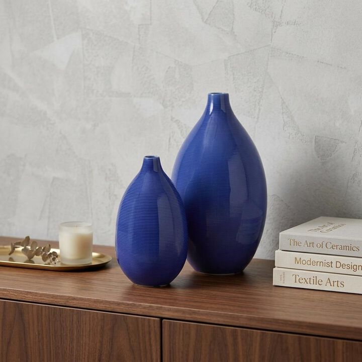 HomeRoots Set of Two Cobalt Ceramic Round Table Vases