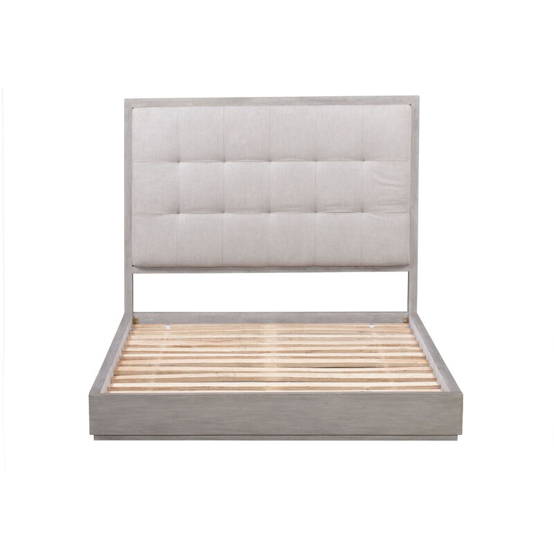 Kim Upholstered Solid Wood Platform California King Bed with Storage, Gray - Benzara