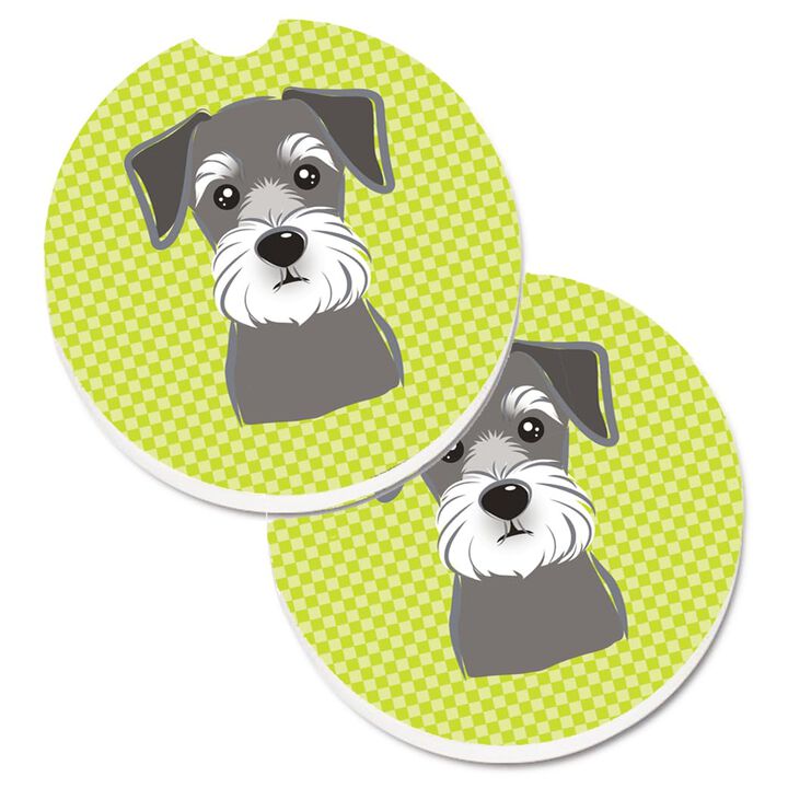 Caroline's Treasures Checkerboard Lime green Schnauzer Set of 2 Cup Holder Car Coasters BB1268CARC, 2.56, Multicolor