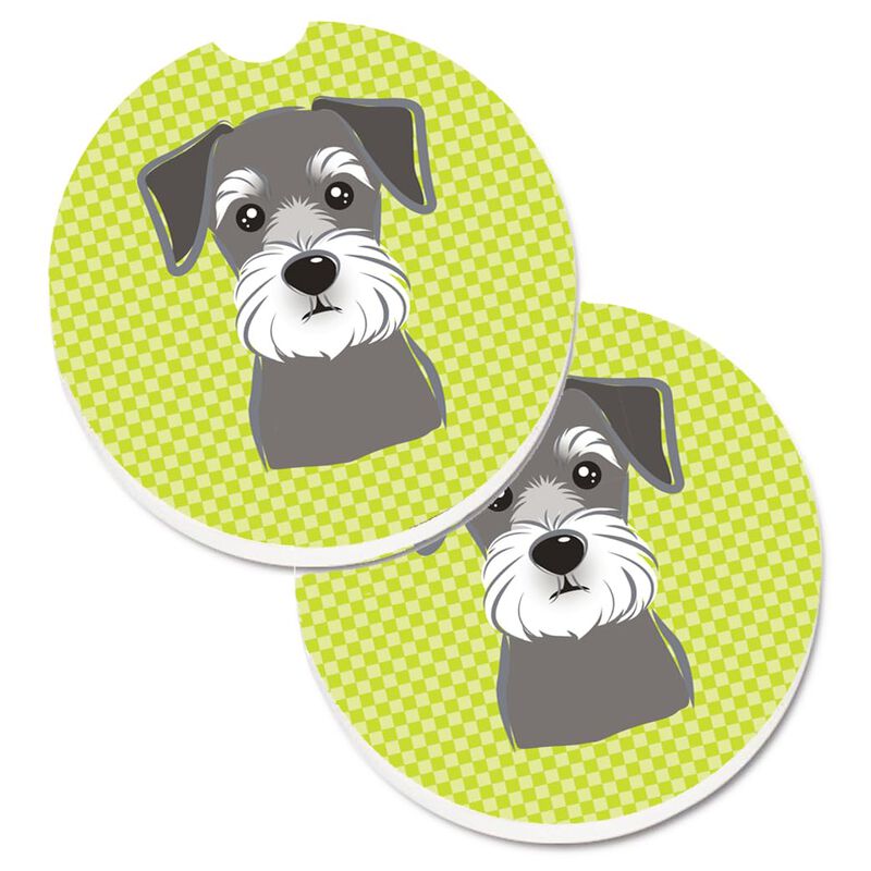 Caroline's Treasures Checkerboard Lime green Schnauzer Set of 2 Cup Holder Car Coasters BB1268CARC, 2.56, Multicolor