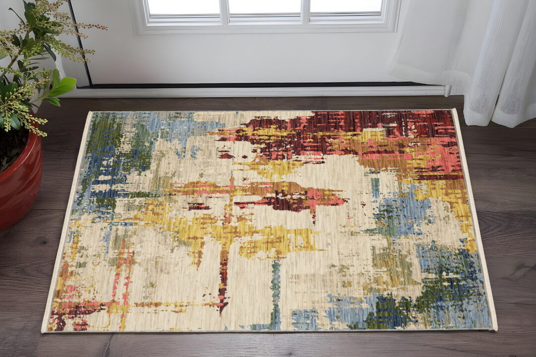HomeRoots Abstract Area Rug With Fringe