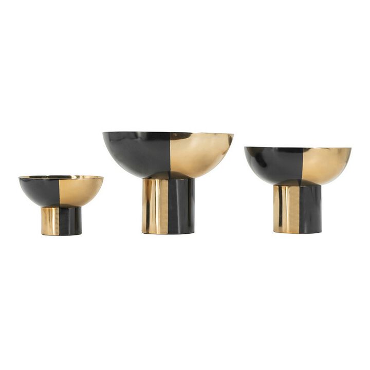 Set of 3 Round Bowls, Black and Gold Aluminum Finish, Sturdy Metal Stand - Benzara