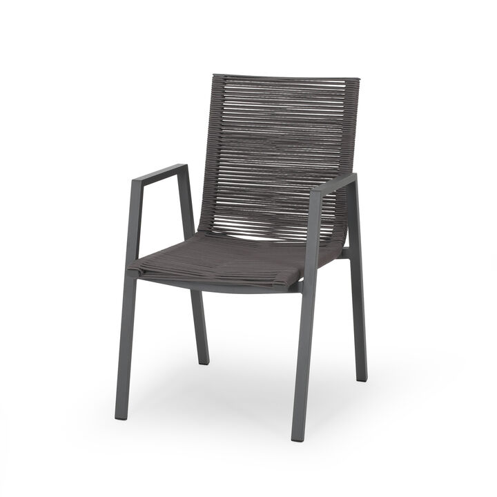 Teny Outdoor Dining Chair Set of 2, Dark Gray Metal. Woven Rope Seat Back - Benzara