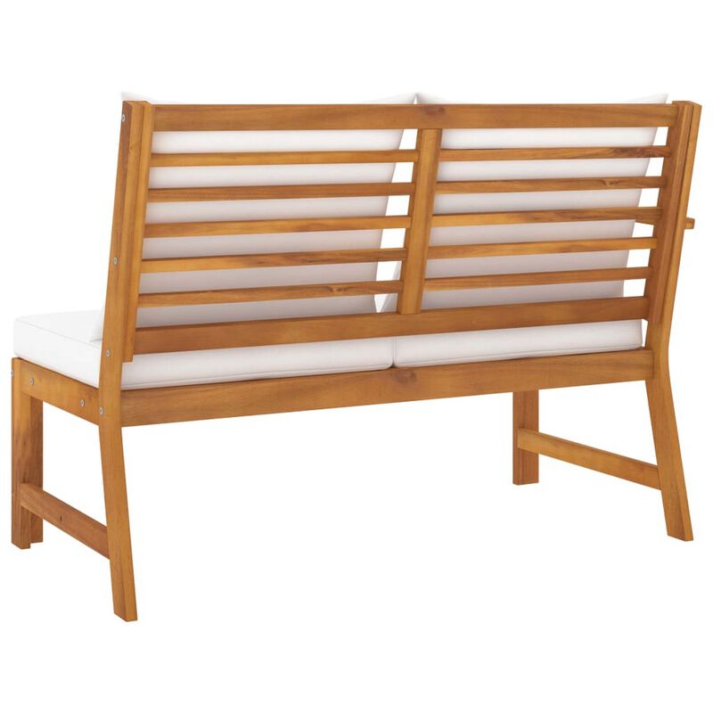 Patio Bench w White Cushions, Slatted Brown Solid Acacia Wood, 45 Inch - Benzara