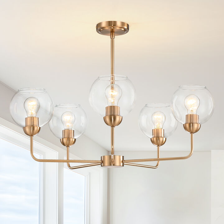 28" Mid-Century Modern 5-Light Antique Brass Dimmable Chandelier