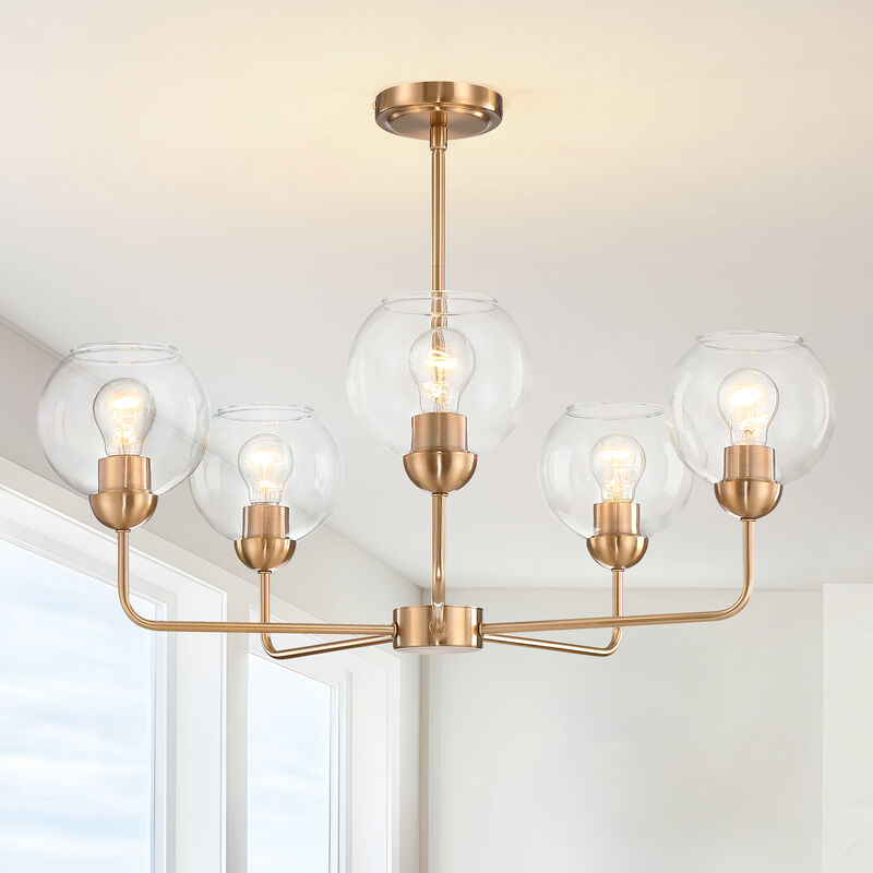 28" Mid-Century Modern 5-Light Antique Brass Dimmable Chandelier image number 1