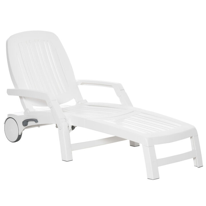 Outsunny Outdoor Chaise Lounge Chair on Wheels with Storage Box, Waterproof Lounger with Quick Assembly, Folding Design, 5 Level Adjustable Backrest for Pool, Beach, Patio, Garden, White