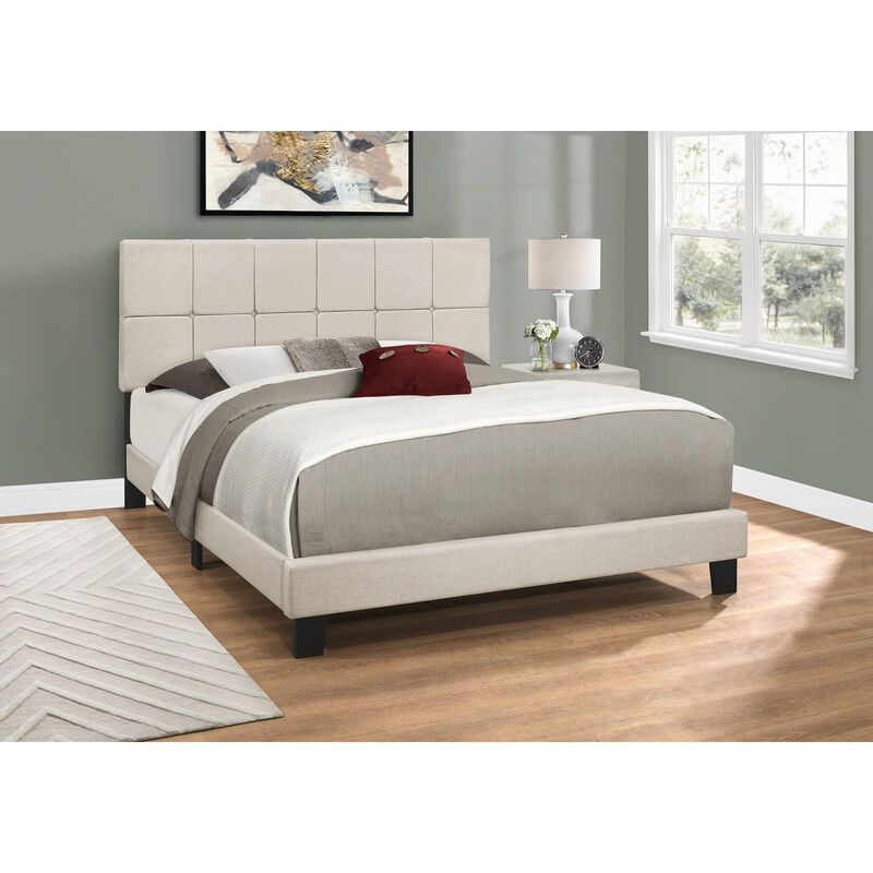 Monarch Specialties I 5605Q Bed, Queen Size, Platform, Bedroom, Frame, Upholstered, Linen Look, Wood Legs, Beige, Black, Transitional image number 5
