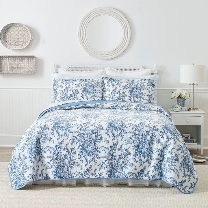QuikFurn King size 3 Piece Bed-in-a-Bag Reversible Blue White Floral Cotton Quilt Set