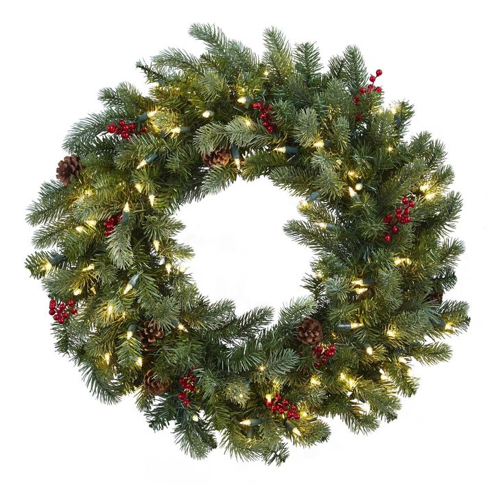 Nearly Natural 30-in Wreath w/7 Cones, 210 tips & 100 Clear Lights