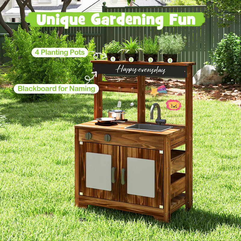 Fir Wood Mud Kitchen for Toddlers &ndash; Outdoor Play Kitchen with Water Tap, Sink & 4 Garden Pots