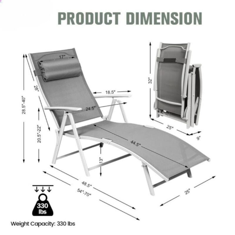 Hivvago Adjustable Outdoor Lightweight Folding Chaise Lounge Chair with Pillow