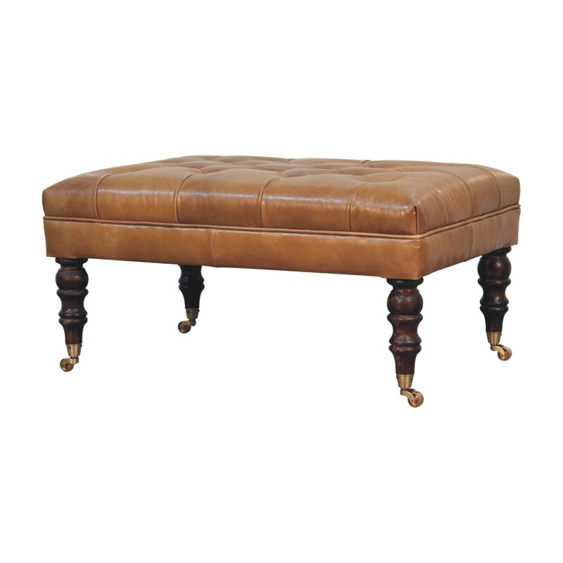 Artisan Furniture Solid Wood, Upholstered California Walnut Buffalo Tan Leather Ottoman with Castor Legs