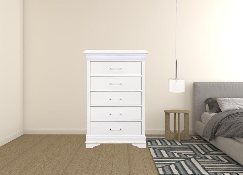 Solid Wood Five Drawer Chest with Built-In LED Lighting for Bedroom Storage