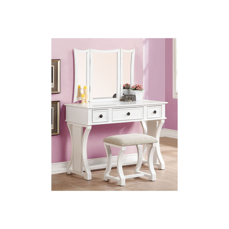 White MDF Vanity Set with Foldable Mirror & Stool