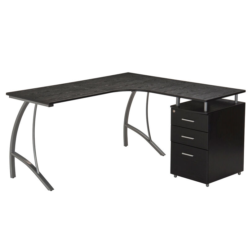 Modern L- Shaped Computer Desk with File Cabinet and Storage, Espresso