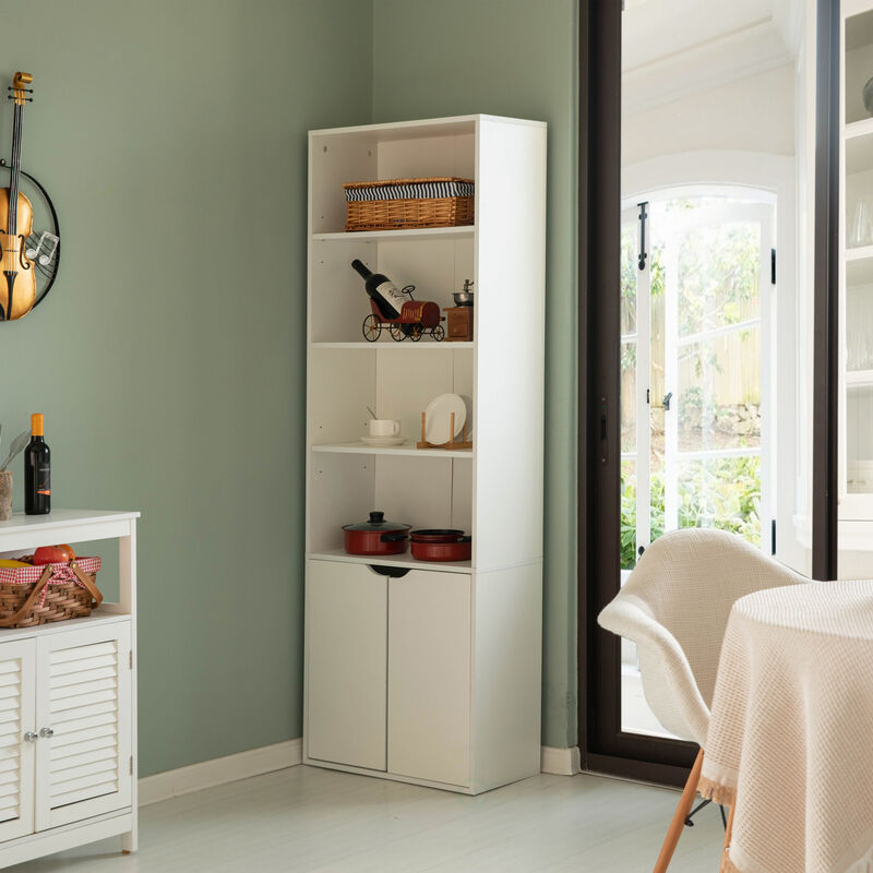 71 Inches Multi Purpose White 4 Tier Open Book Shelf and Bookcases with 2 Doors Storage Cabinet and 1 Adjustable Shelf - Ideal for Home Office, Living Room, Classroom, Study Room